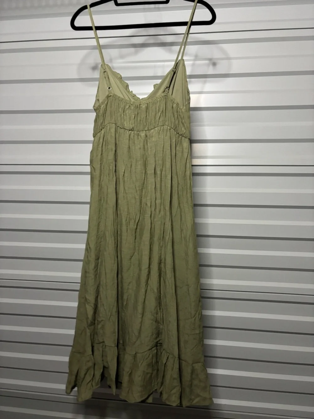 Sleeveless Olive Green Maxi Slip Dress with Ruffle Hem - Picture 2 of 3